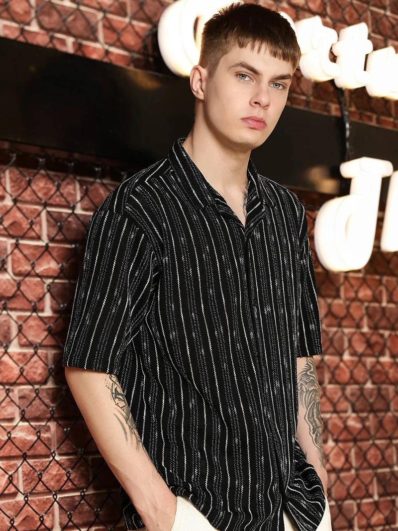 Maniac  Maniac Mens Textured Lines Collared Neck Full Sleeve Black & White Cotton Shirt for Men | Best Price UAE